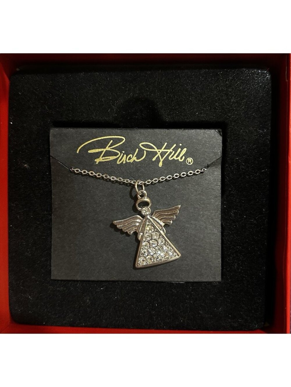 Vintage BIRCH HILL Silvertone Clear Rhinestone Angel Pendant 18” Necklace